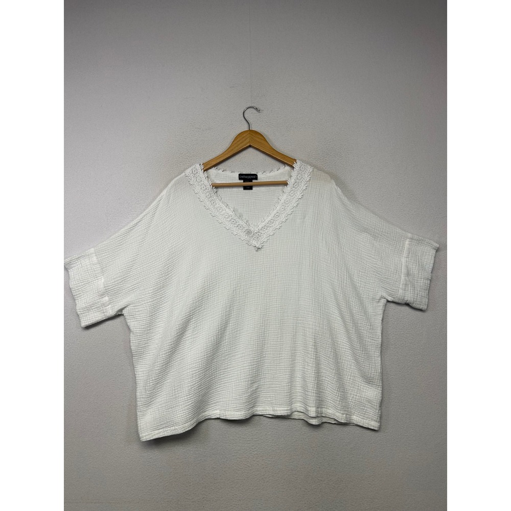 Boho Coastal Cynthia Rowley Women 2X White Lace Trim Gauze V-Neck Boxy Top